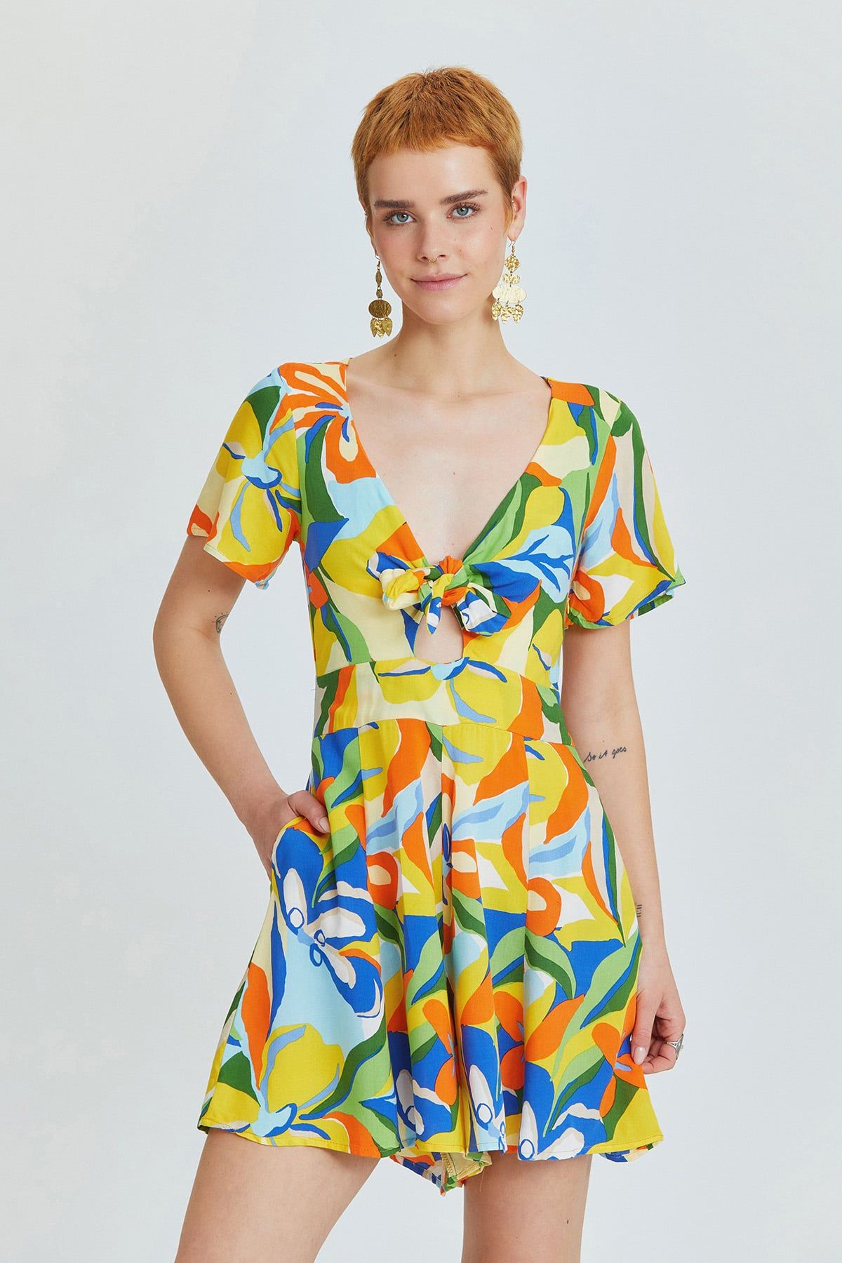 Yellow Patch Ethnic Print Short Jumpsuit with V-Neck and Tie Front