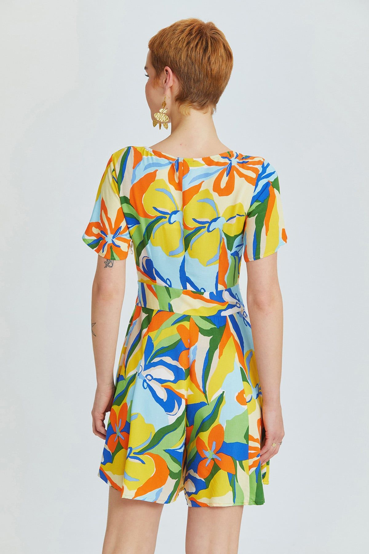 Yellow Patch Ethnic Print Short Jumpsuit with V-Neck and Tie Front