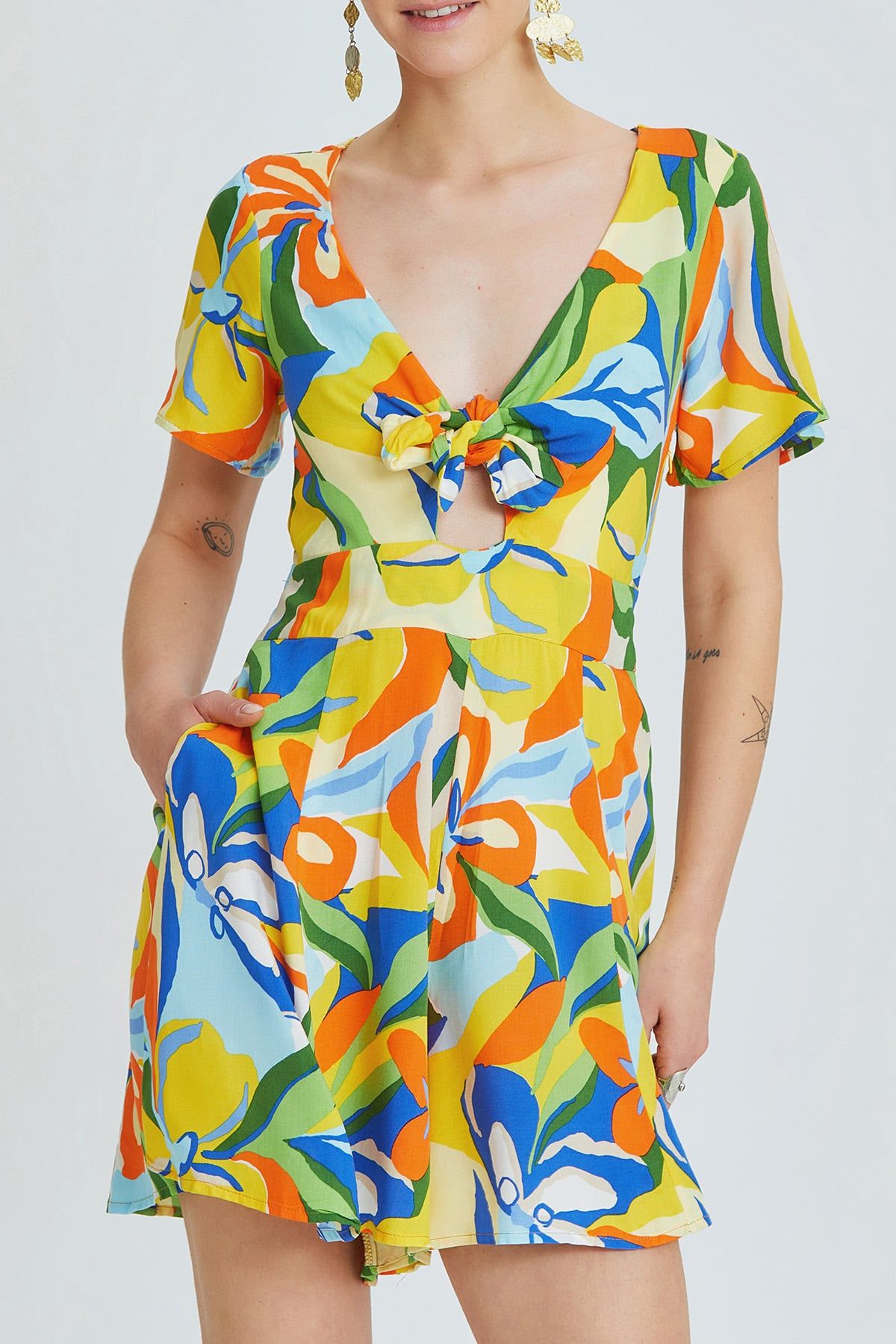 Yellow Patch Ethnic Print Short Jumpsuit with V-Neck and Tie Front