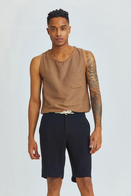 Pistachio Green Viscose-Linen Men's Shorts with Coconut Button