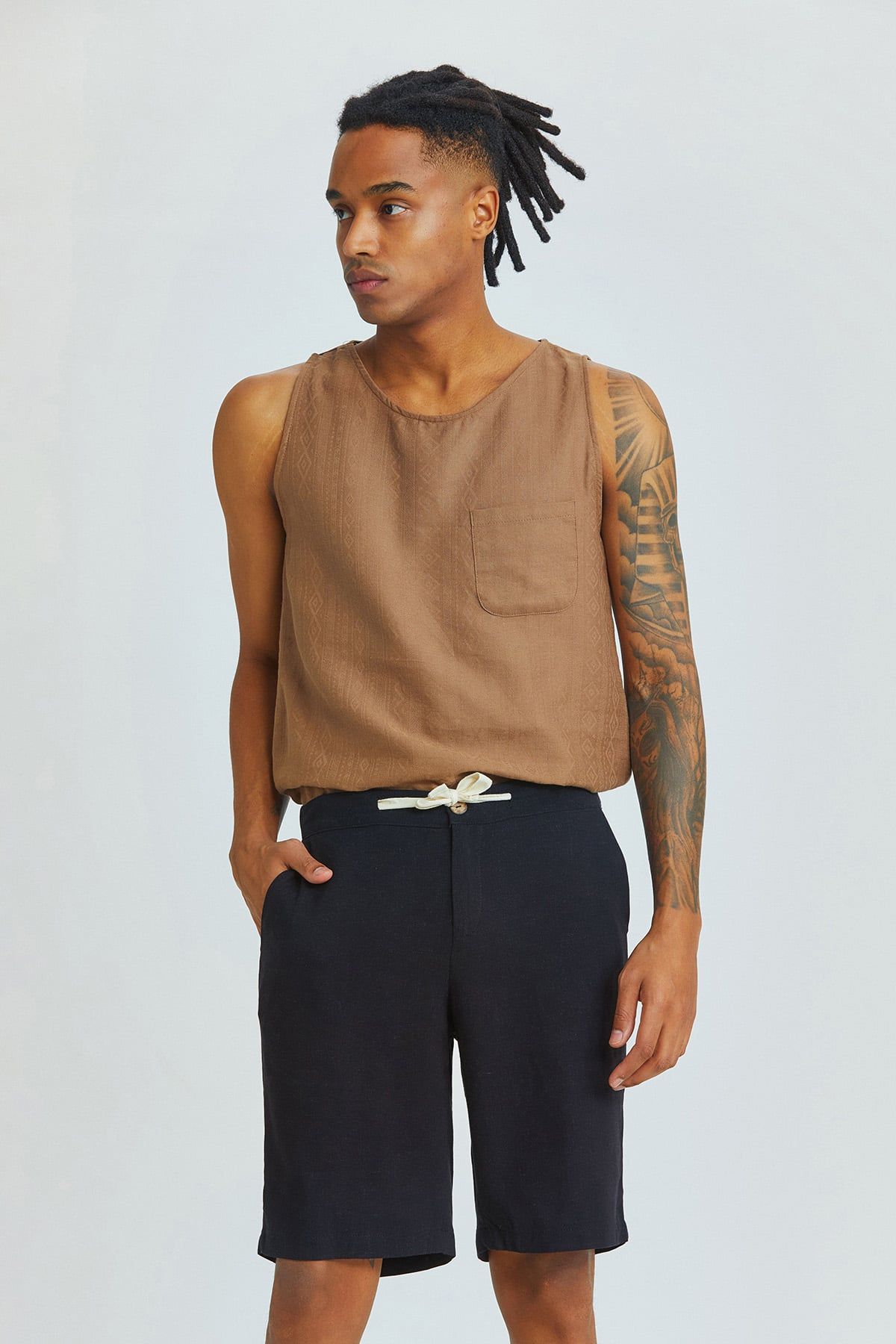 Pistachio Green Viscose-Linen Men's Shorts with Coconut Button