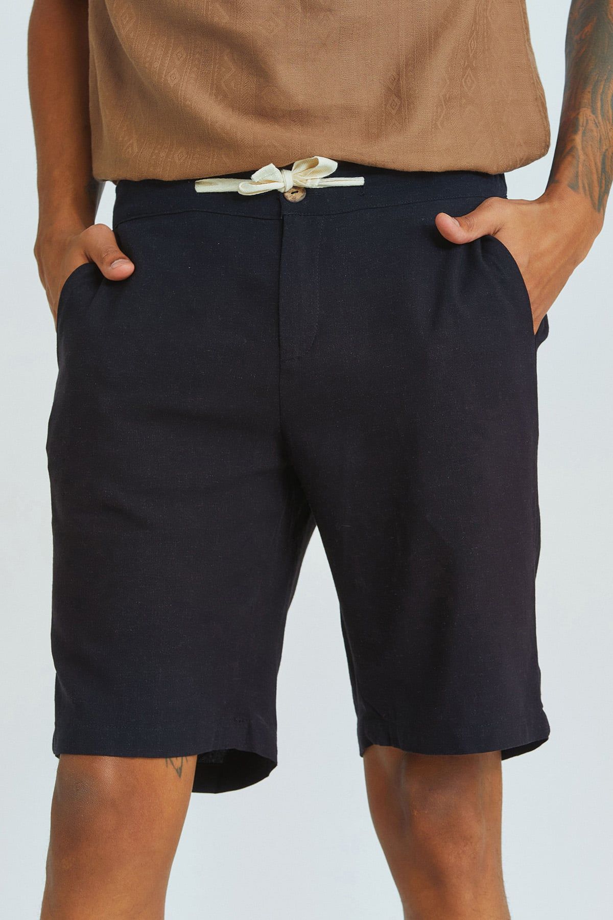 Pistachio Green Viscose-Linen Men's Shorts with Coconut Button