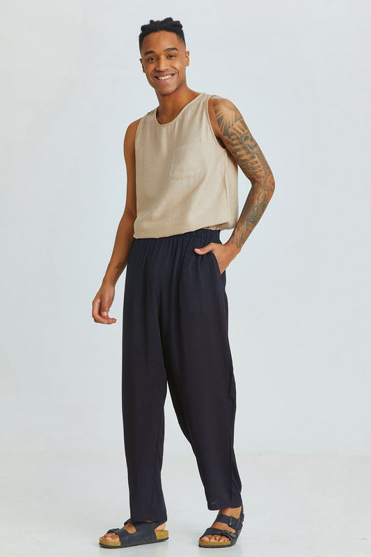 Black Relaxed Fit Viscose Men's Trousers with Front Pockets