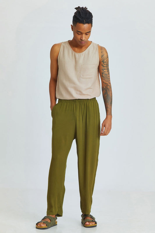Khaki Relaxed Fit Viscose Men's Trousers with Front Pockets