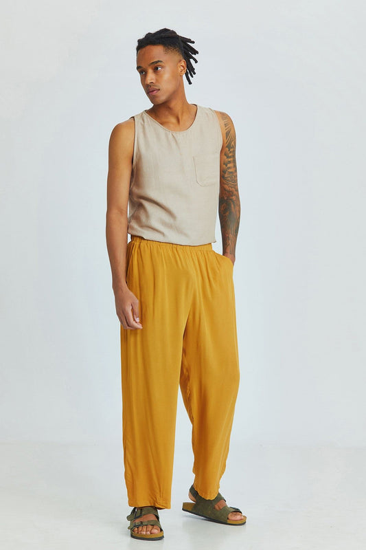 Yellow Relaxed Fit Viscose Men's Trousers with Front Pockets