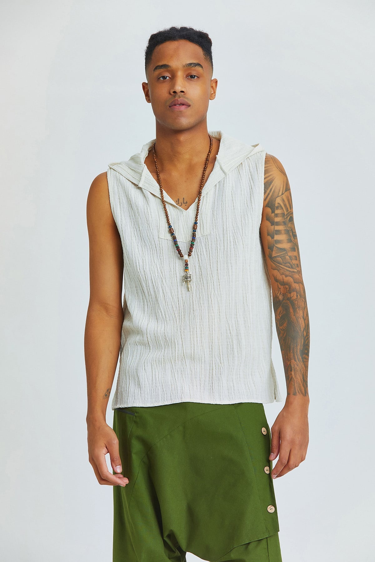 Sleeveless Ethnic Men's Shirt With Hoodie Beige