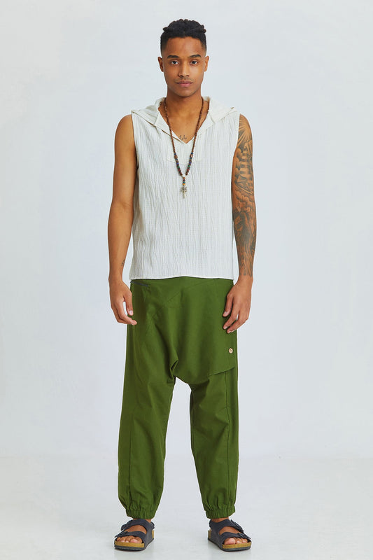 Sleeveless Ethnic Men's Shirt With Hoodie Beige