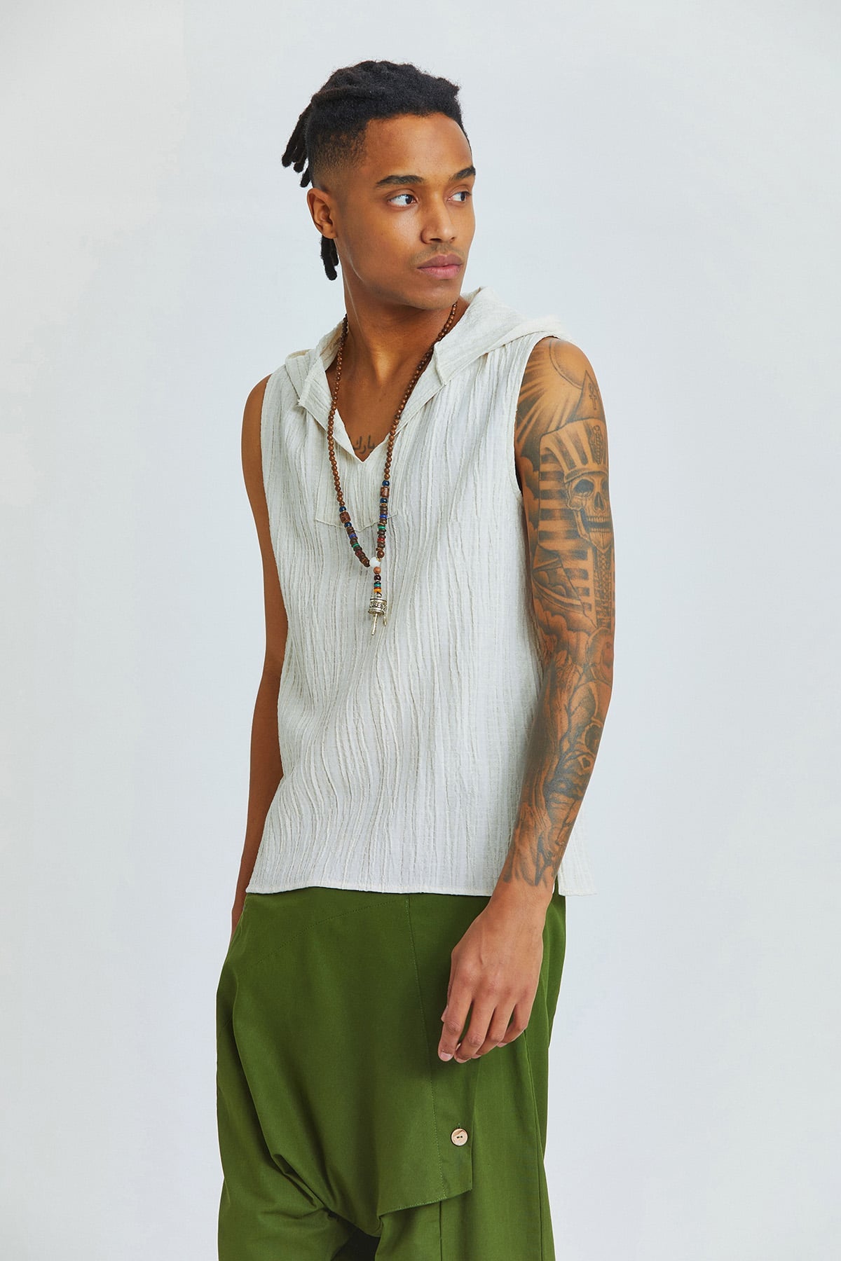 Sleeveless Ethnic Men's Shirt With Hoodie Beige