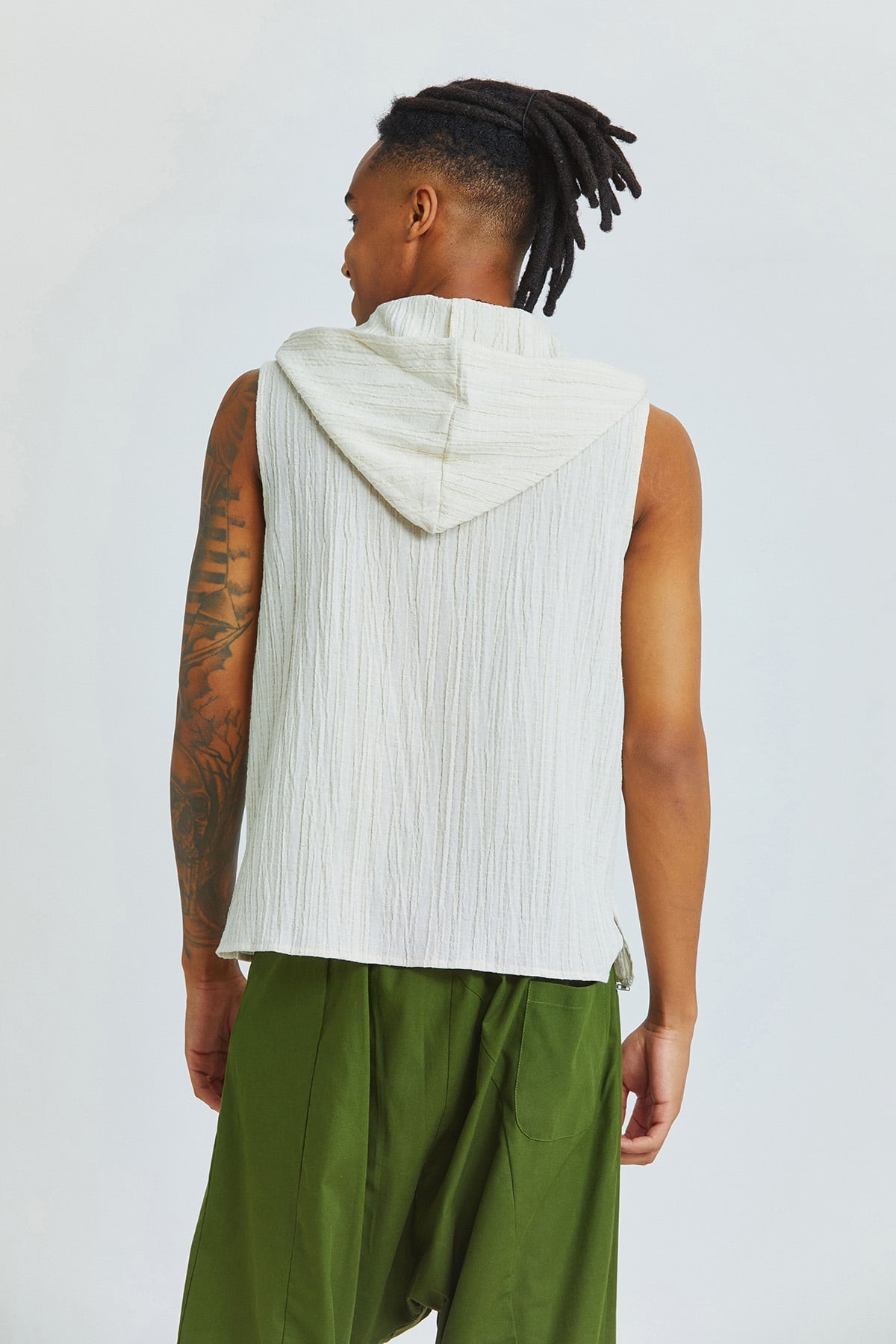 Sleeveless Ethnic Men's Shirt With Hoodie Beige