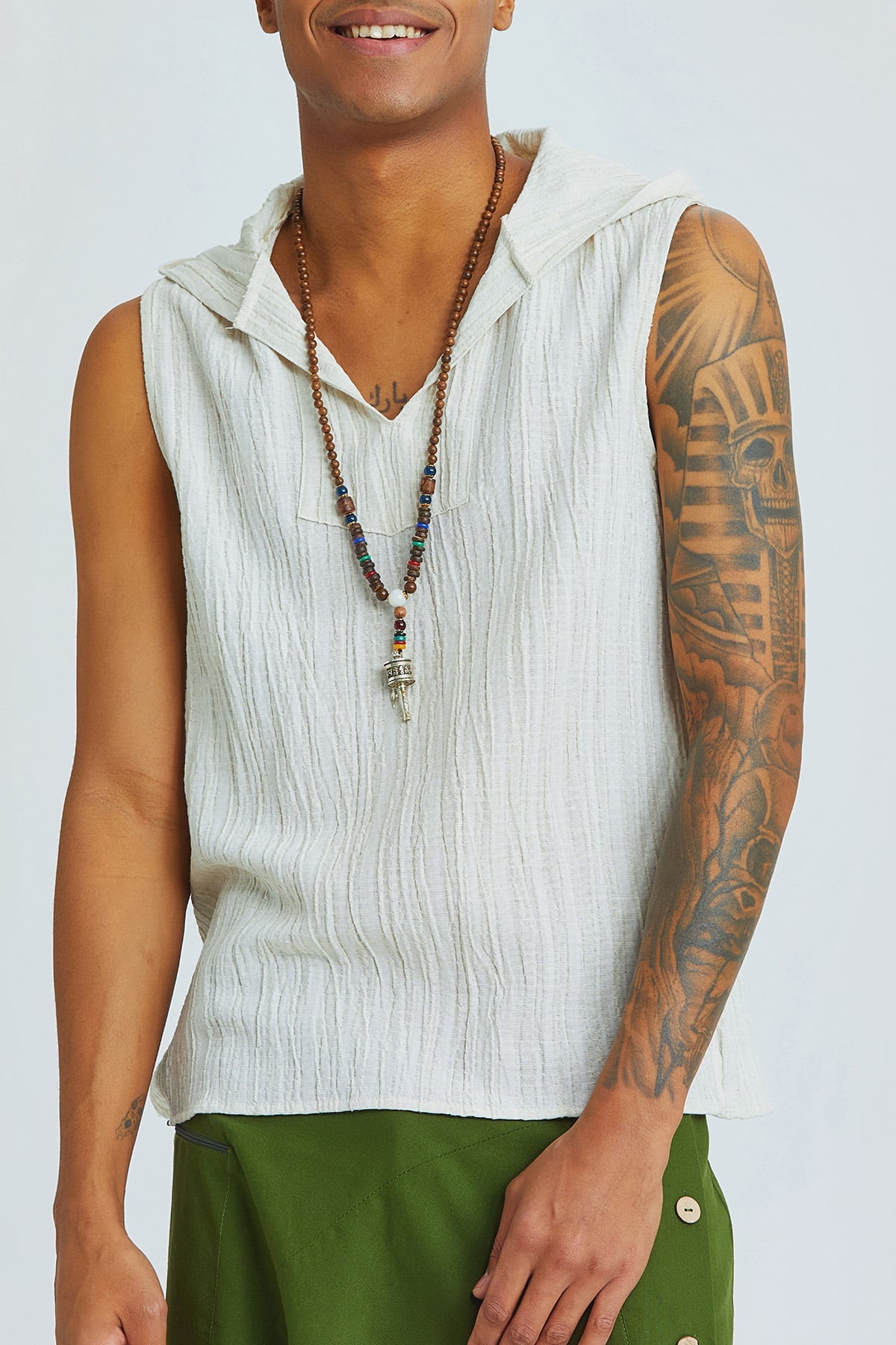 Sleeveless Ethnic Men's Shirt With Hoodie Beige