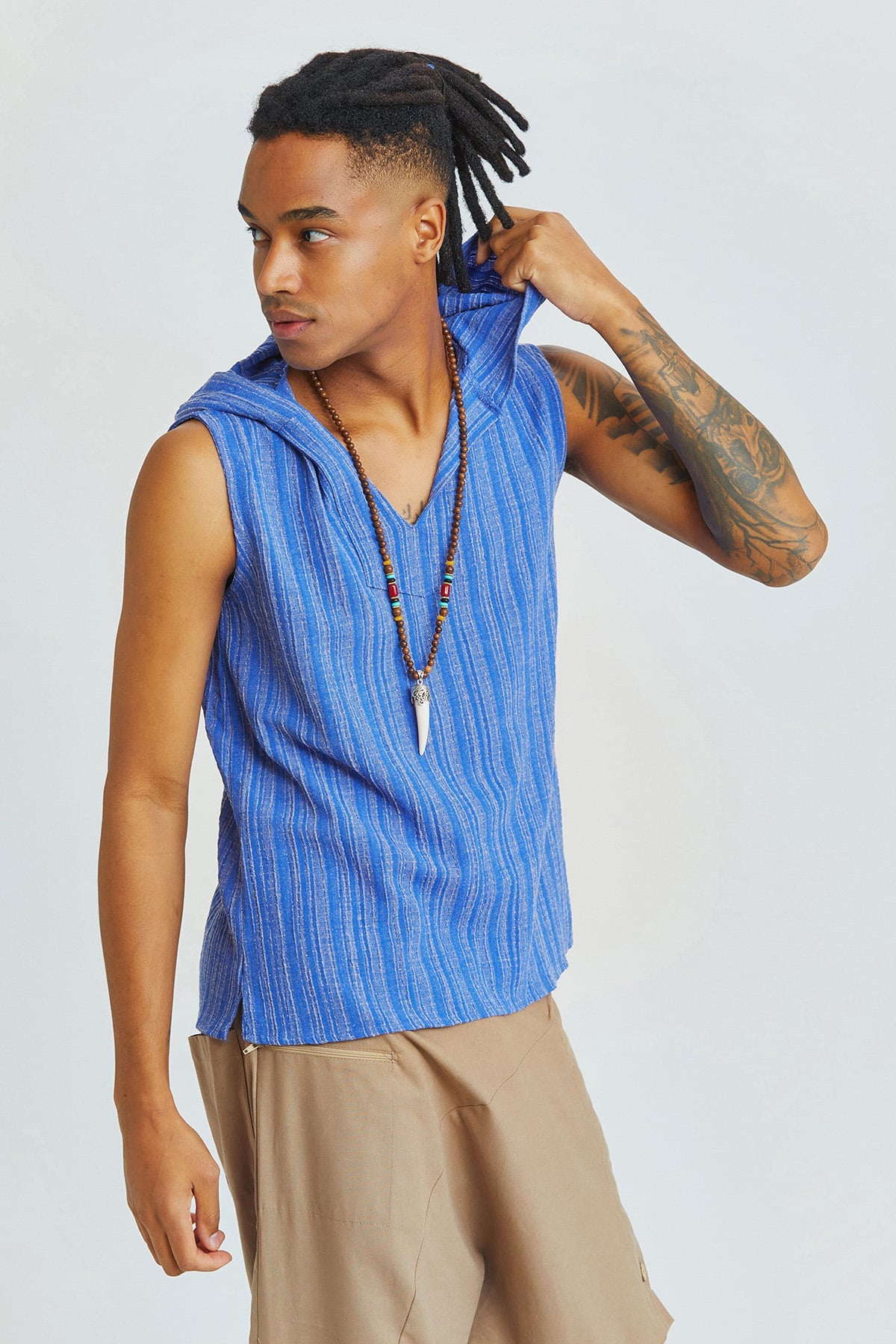 Sleeveless Ethnic Men's Shirt With Hoodie Dark Blue