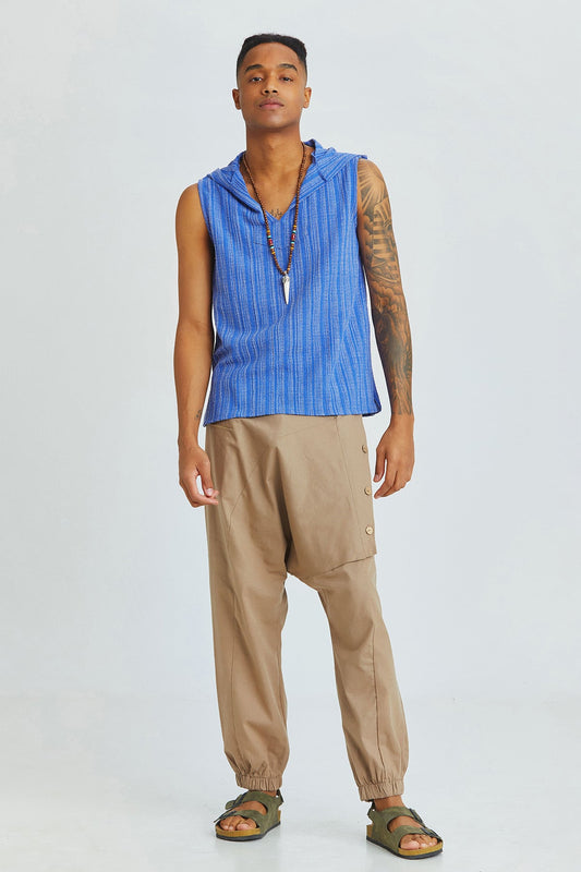 Sleeveless Ethnic Men's Shirt With Hoodie Dark Blue