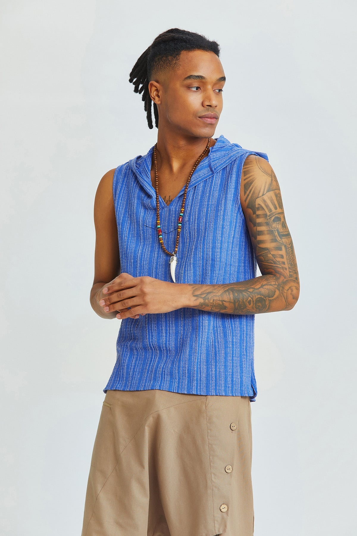 Sleeveless Ethnic Men's Shirt With Hoodie Dark Blue