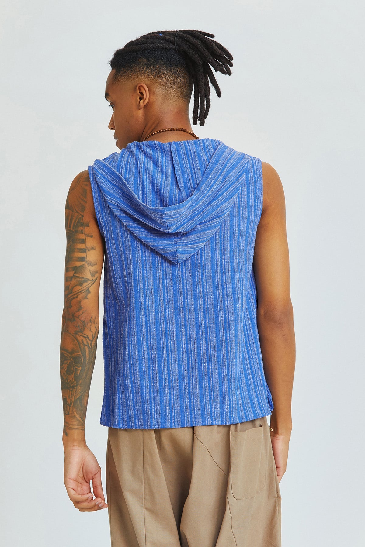 Sleeveless Ethnic Men's Shirt With Hoodie Dark Blue