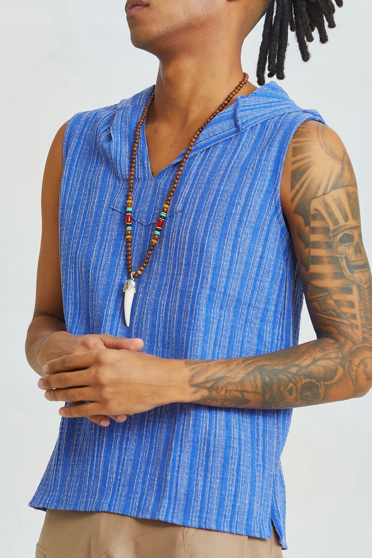 Sleeveless Ethnic Men's Shirt With Hoodie Dark Blue