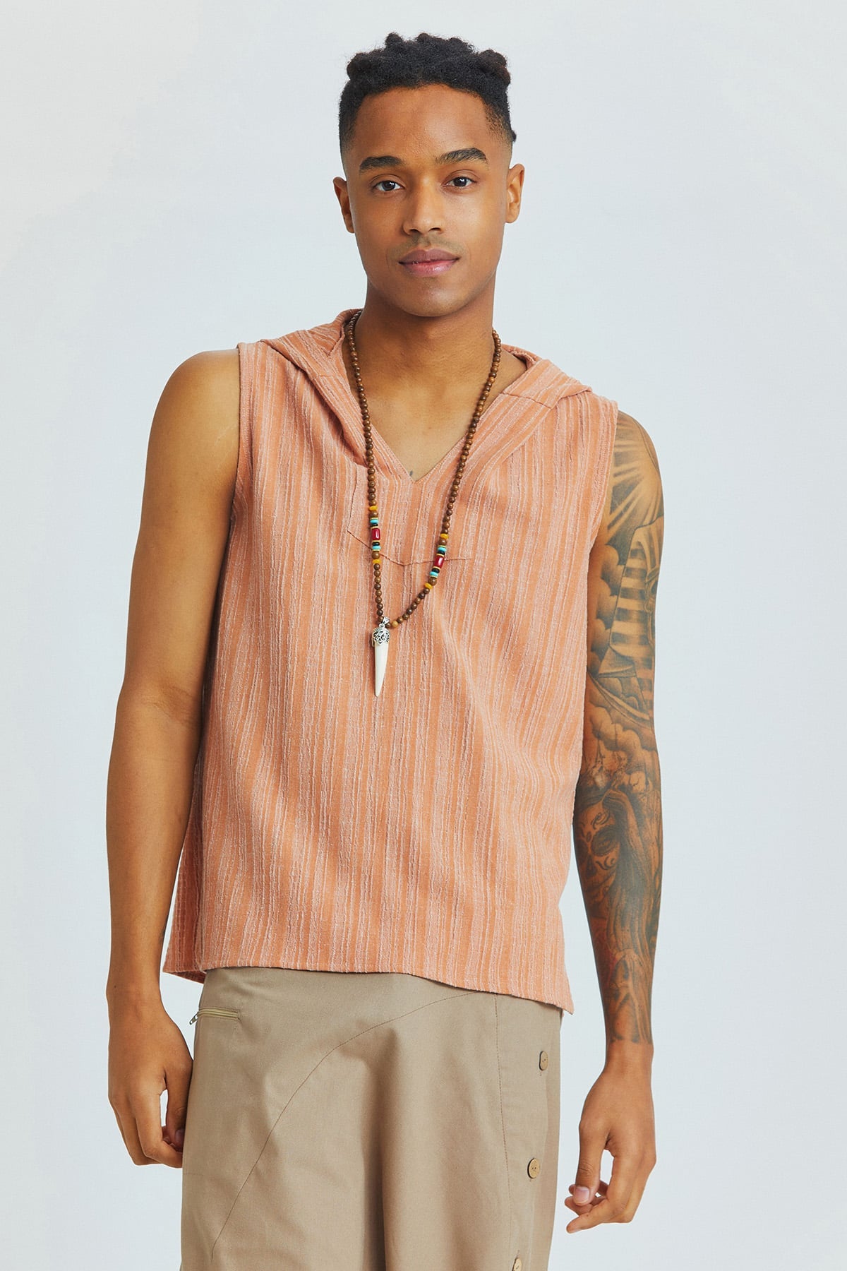 Sleeveless Ethnic Men's Shirt With Hoodie Light Brown
