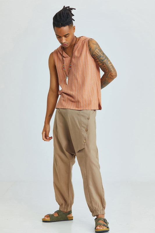Sleeveless Ethnic Men's Shirt With Hoodie Light Brown