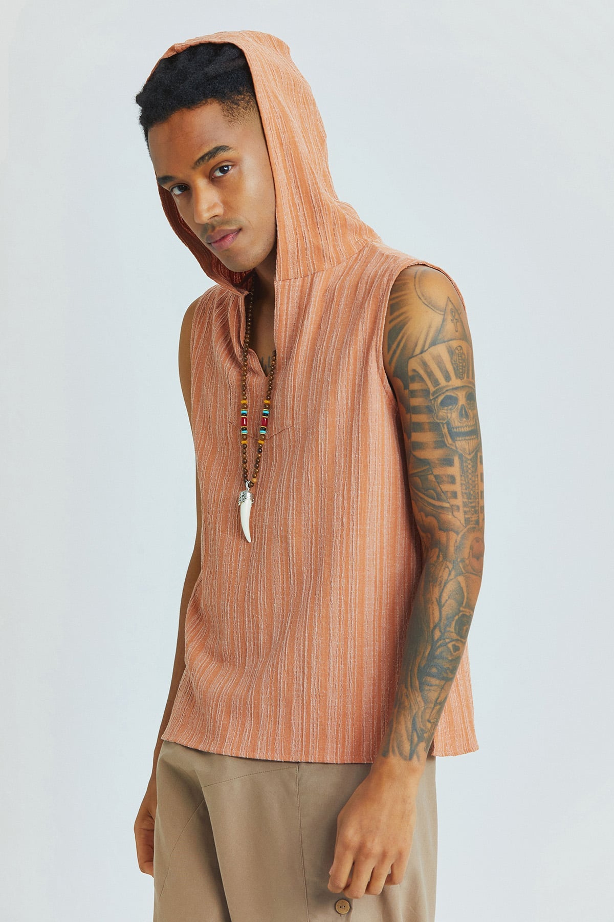 Sleeveless Ethnic Men's Shirt With Hoodie Light Brown
