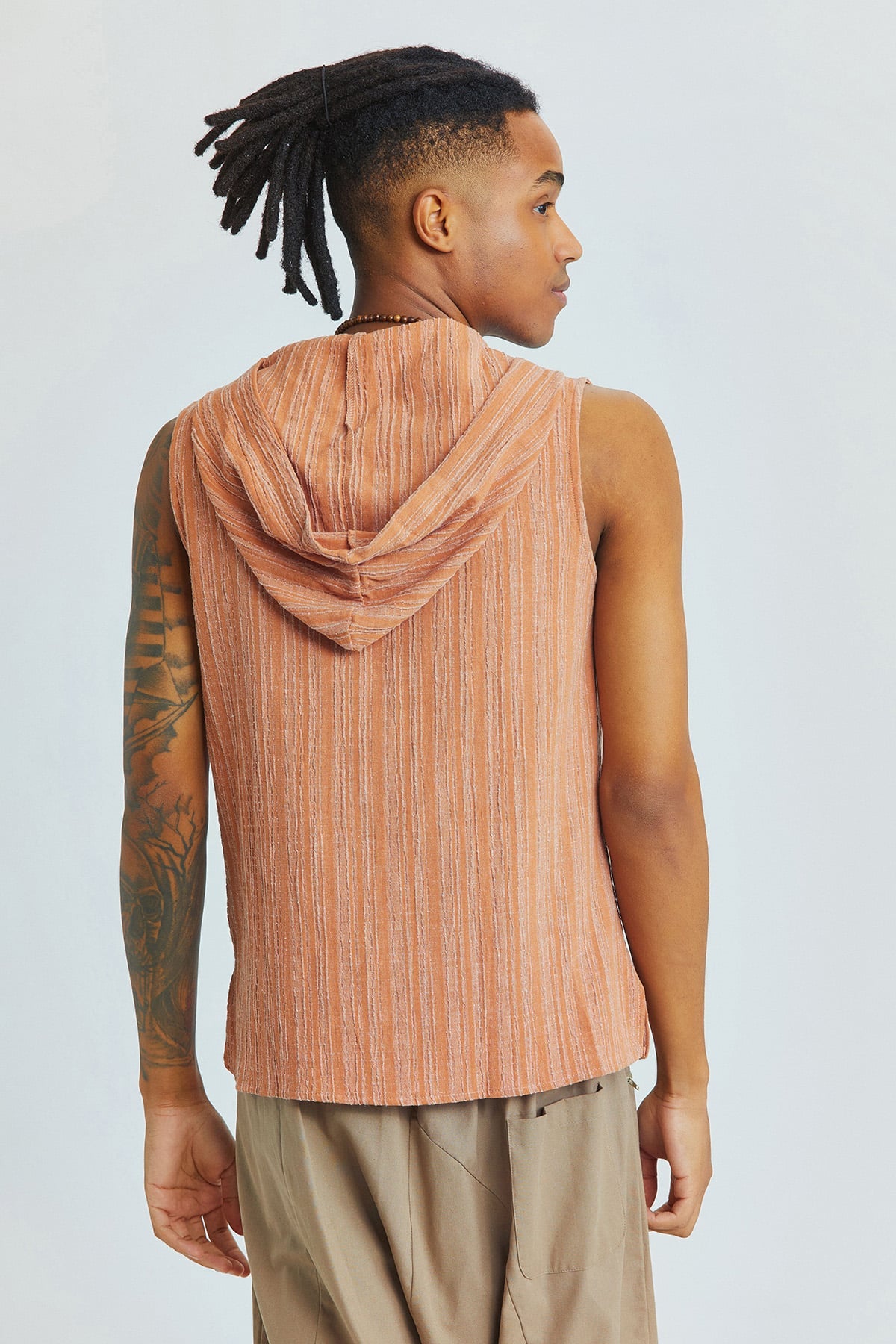 Sleeveless Ethnic Men's Shirt With Hoodie Light Brown