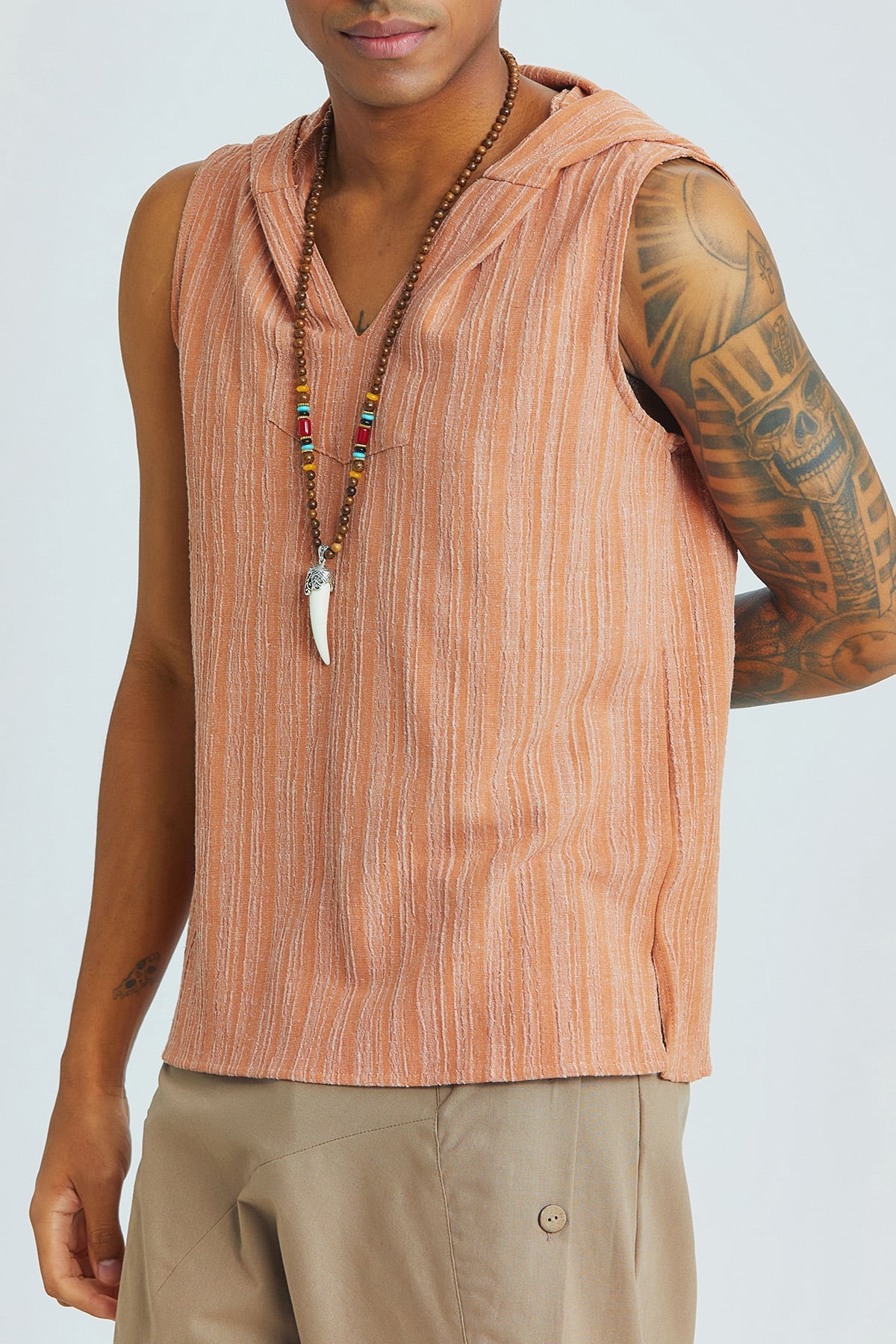 Sleeveless Ethnic Men's Shirt With Hoodie Light Brown