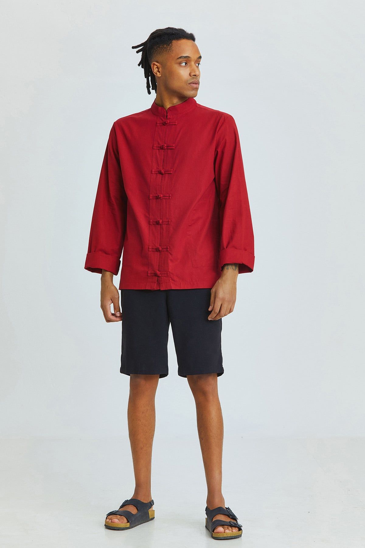 Knot Button Men's Shirt Dark Red