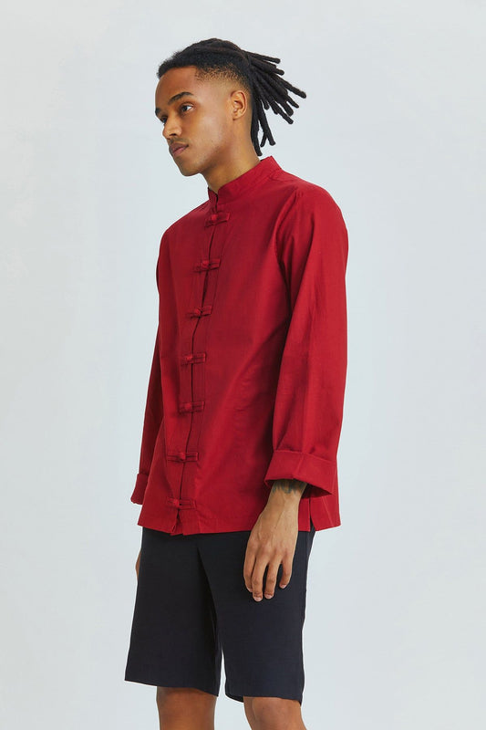 Knot Button Men's Shirt Dark Red