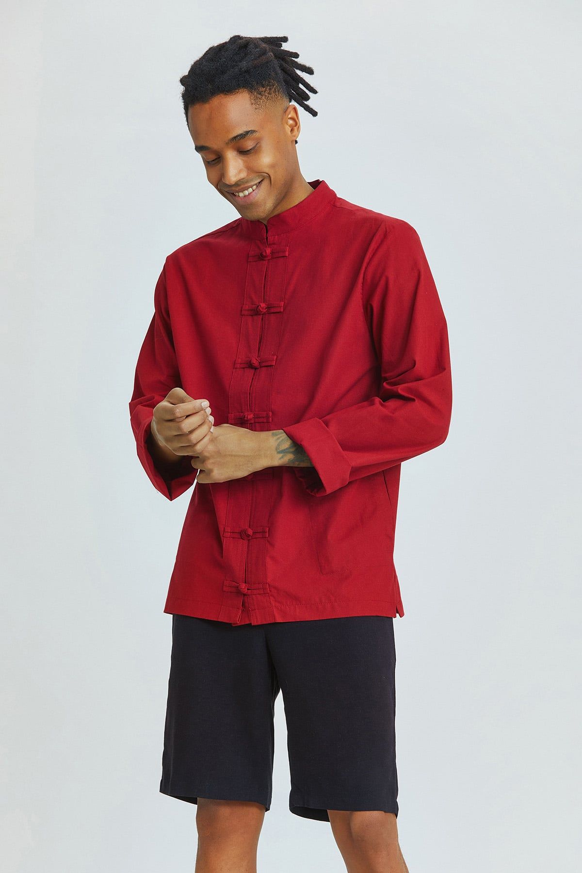 Knot Button Men's Shirt Dark Red