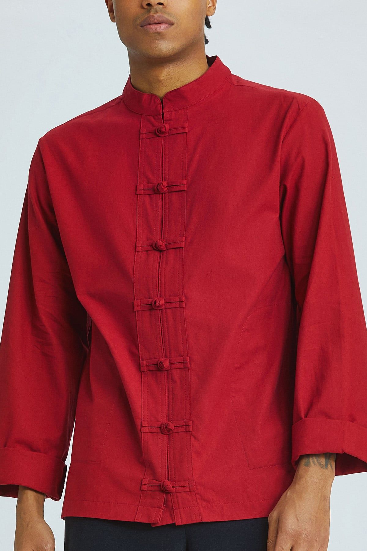 Knot Button Men's Shirt Dark Red