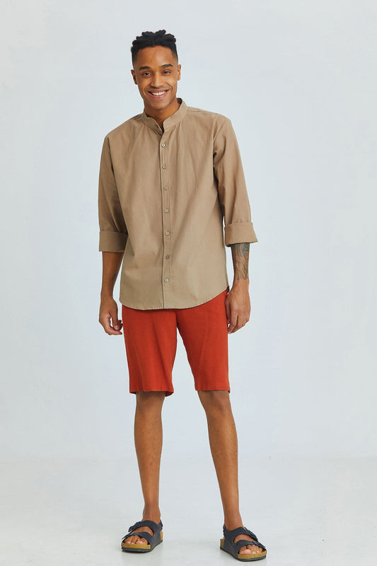 Band Collar Men's Shirt Beige