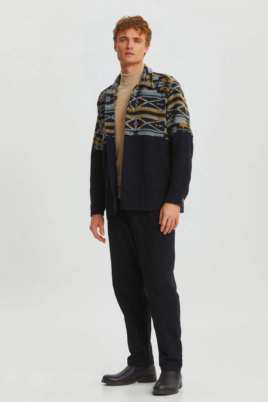 Pocket Detailed Men's Shirt with Ethnic Trim Black - Yellow