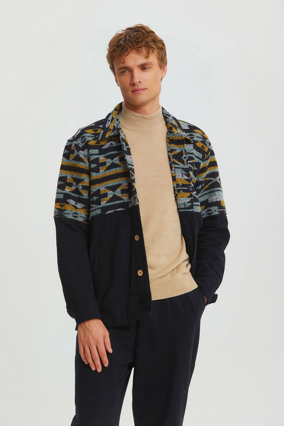 Pocket Detailed Men's Shirt with Ethnic Trim Black - Yellow