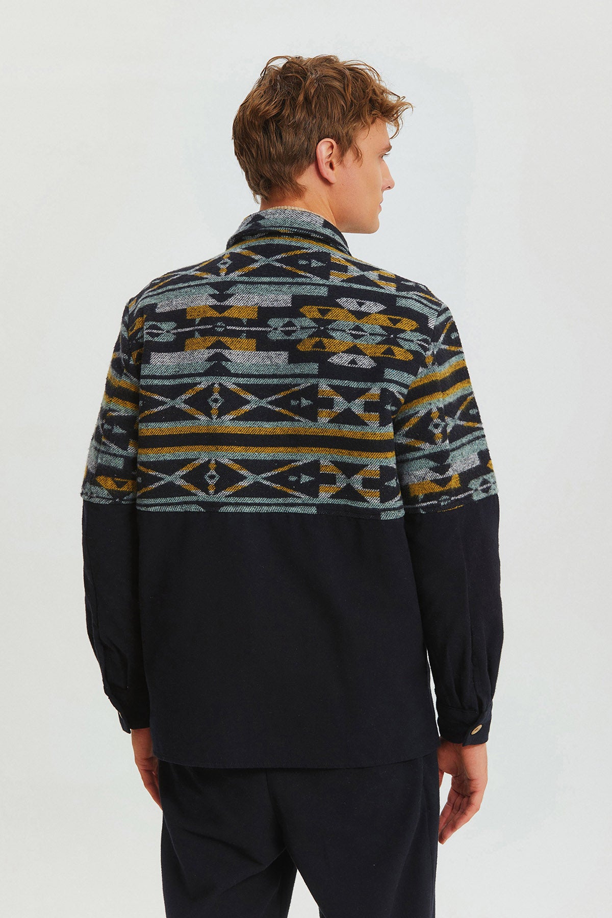 Pocket Detailed Men's Shirt with Ethnic Trim Black - Yellow