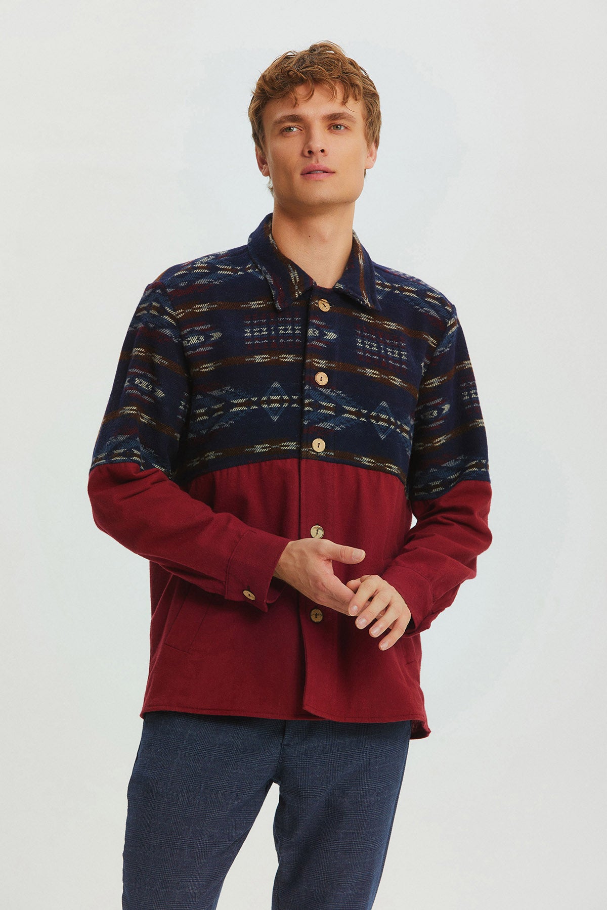 Pocket Detailed Men's Shirt with Ethnic Trim Dark Blue - Dark Red