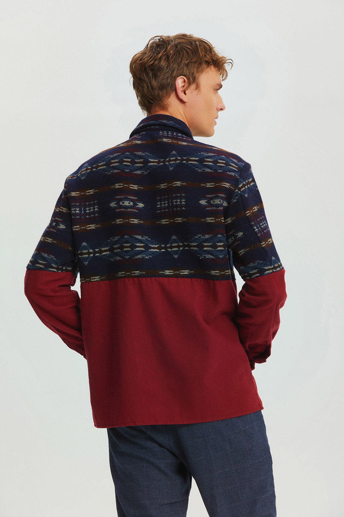 Pocket Detailed Men's Shirt with Ethnic Trim Dark Blue - Dark Red