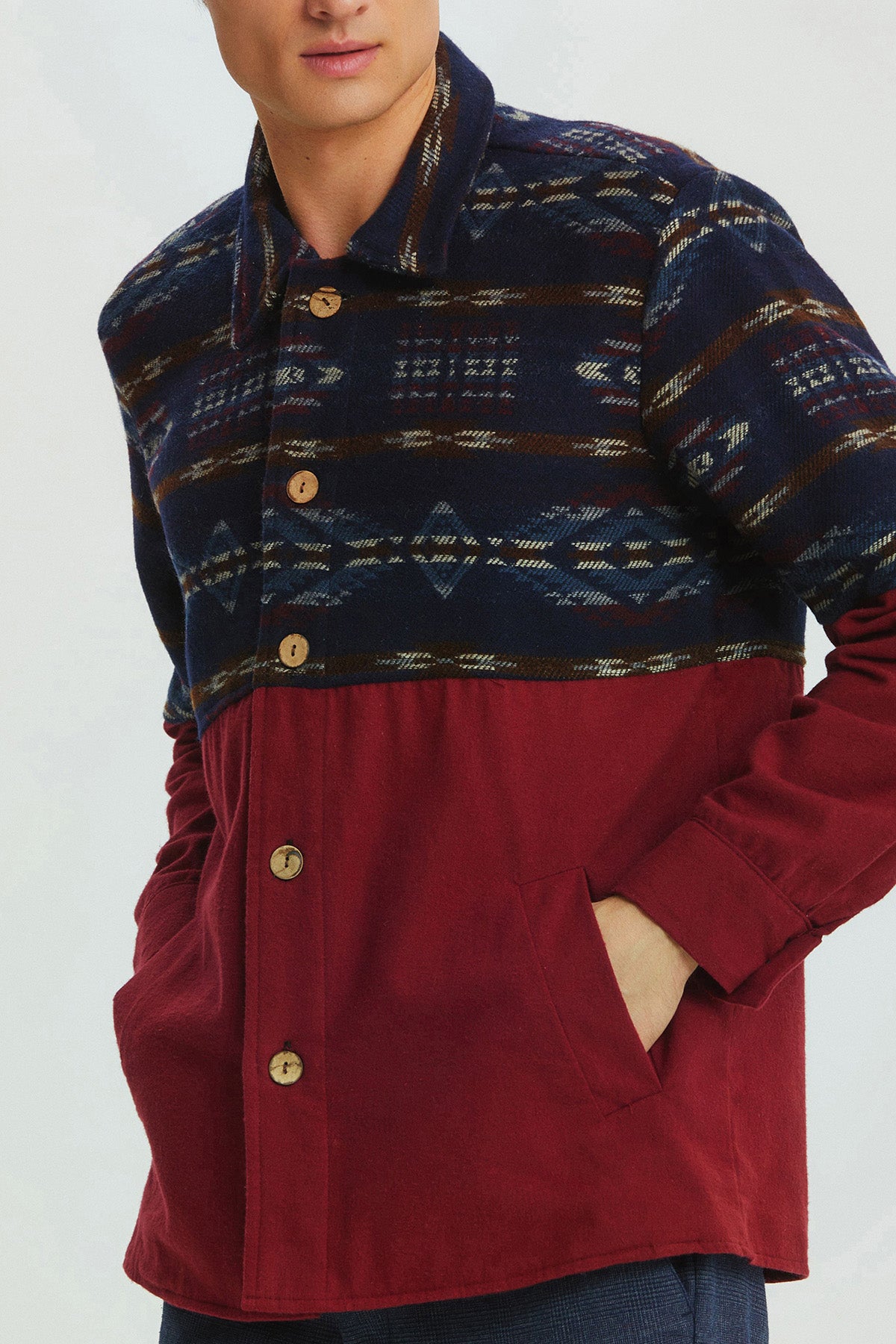 Pocket Detailed Men's Shirt with Ethnic Trim Dark Blue - Dark Red