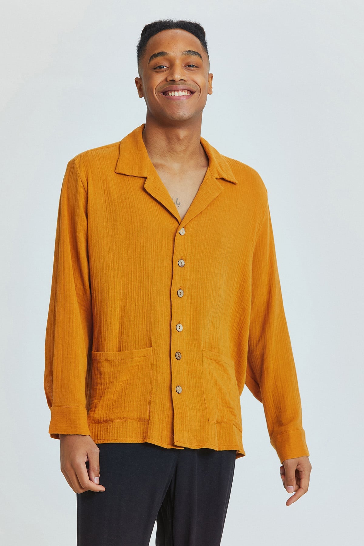 Camel Oversized Bohemian Men's Shirt with Coconut Buttons