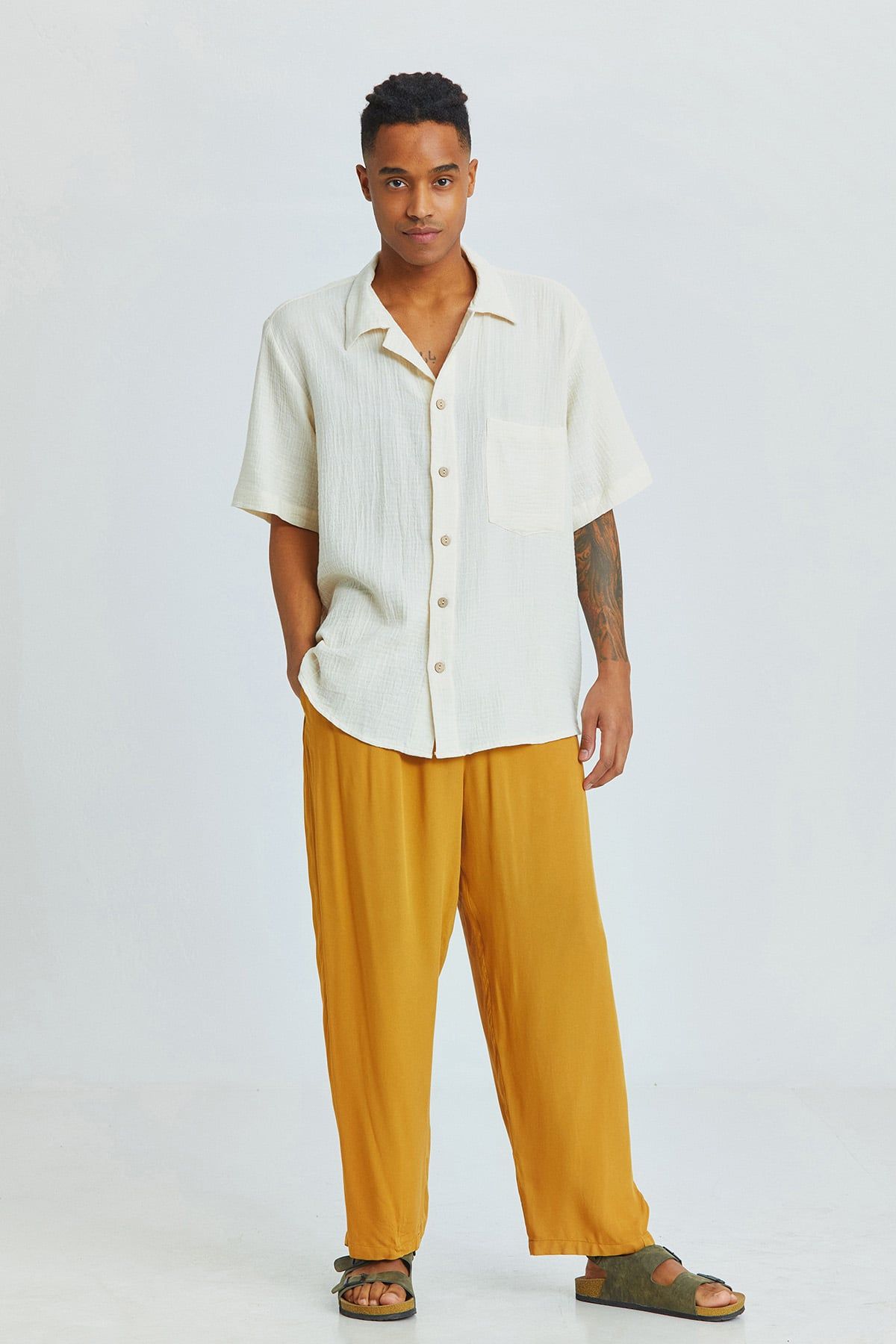 White Bohemian Men's Shirt with Coconut Buttons and Short Sleeves
