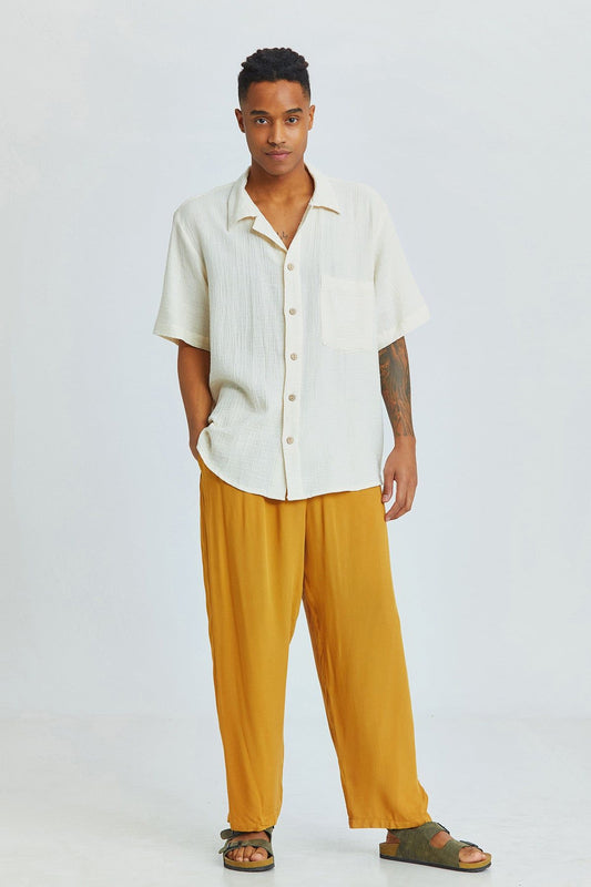 White Bohemian Men's Shirt with Coconut Buttons and Short Sleeves
