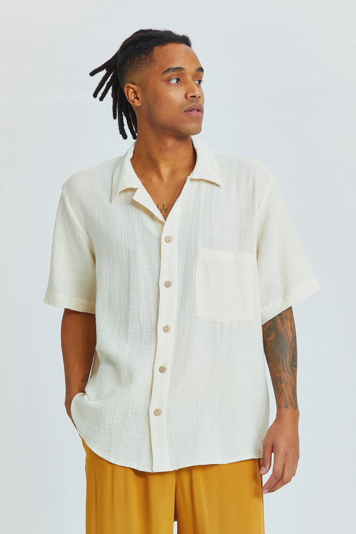 White Bohemian Men's Shirt with Coconut Buttons and Short Sleeves
