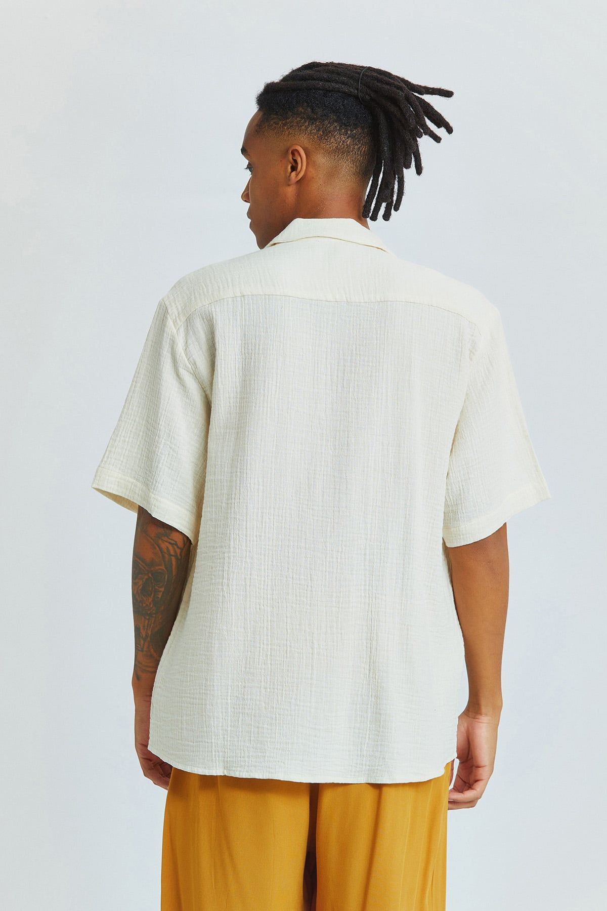 White Bohemian Men's Shirt with Coconut Buttons and Short Sleeves