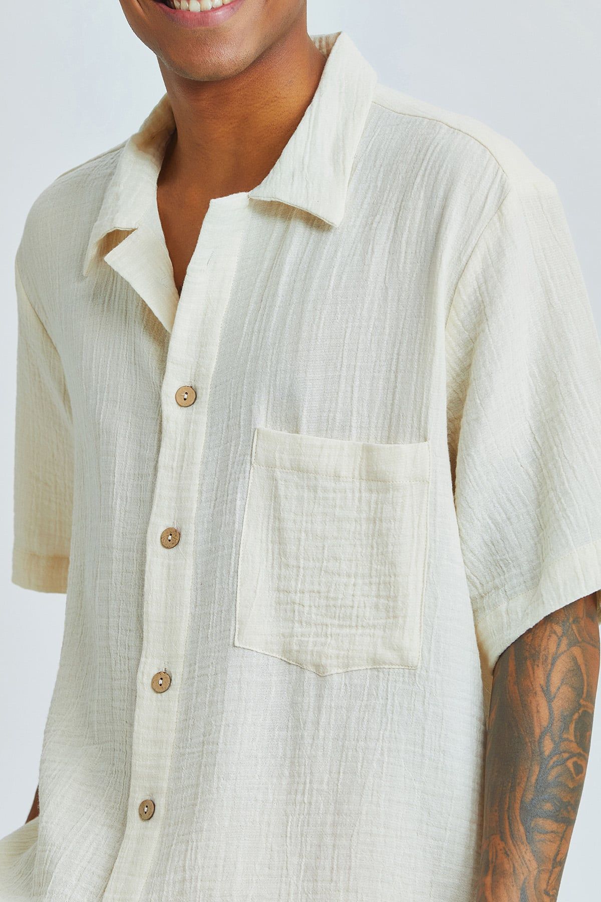 White Bohemian Men's Shirt with Coconut Buttons and Short Sleeves