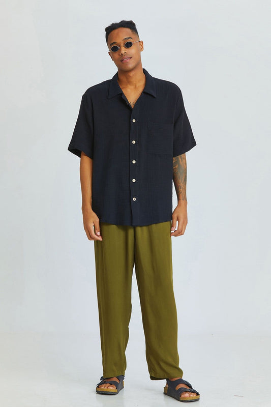 Black Bohemian Men's Shirt with Coconut Buttons