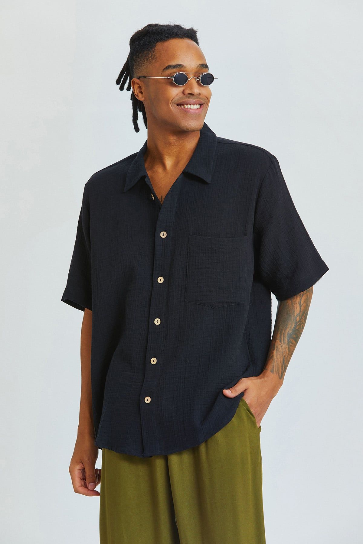 Black Bohemian Men's Shirt with Coconut Buttons