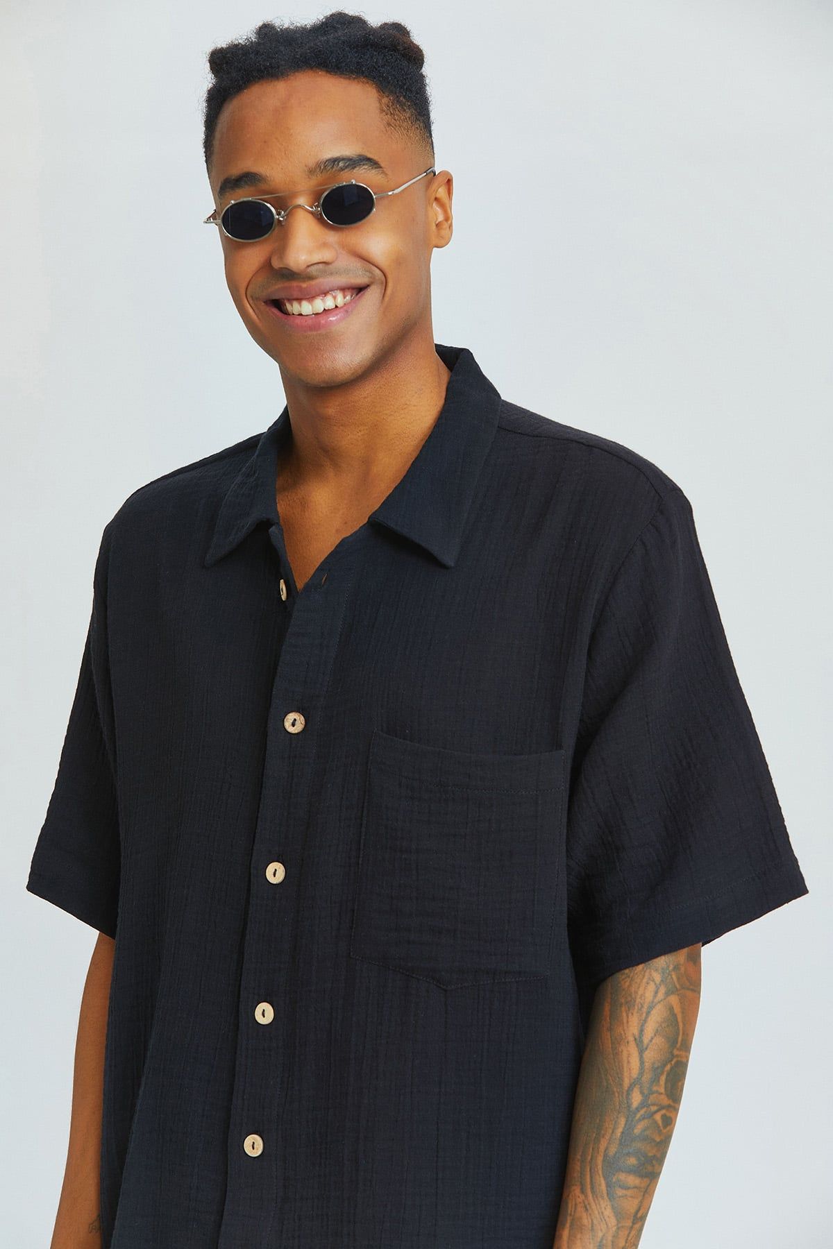 Black Bohemian Men's Shirt with Coconut Buttons