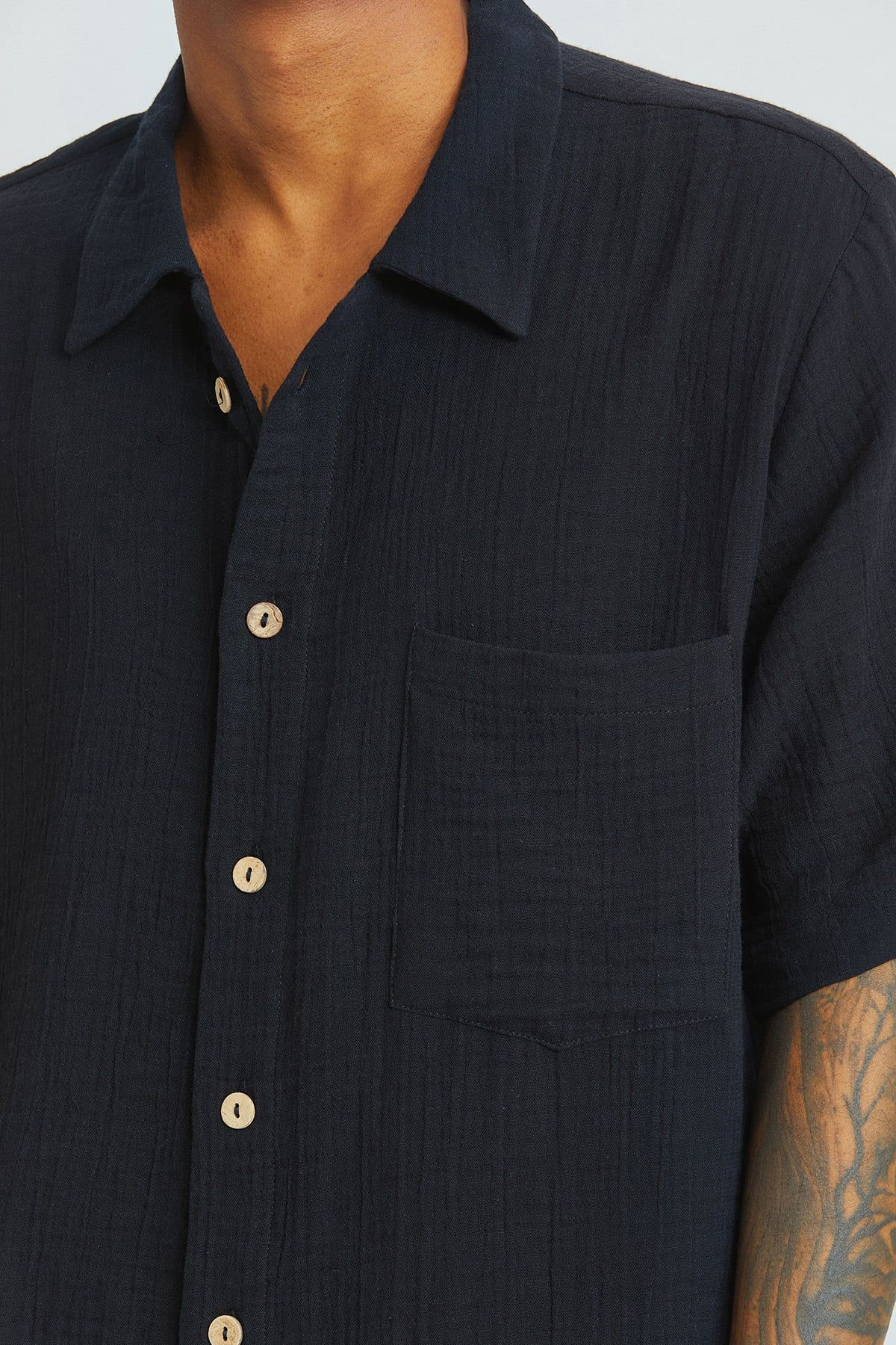 Black Bohemian Men's Shirt with Coconut Buttons