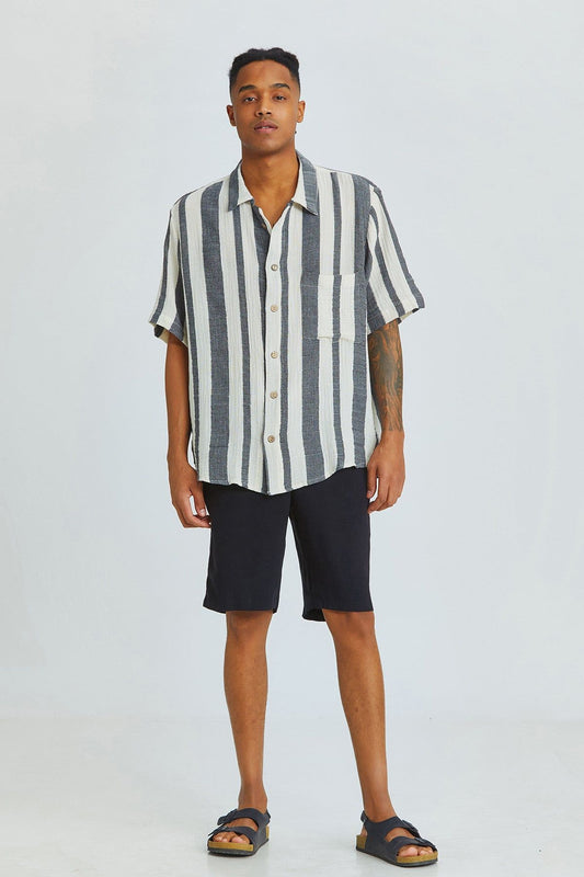 Black and White Striped Bohemian Men's Shirt with Coconut Buttons