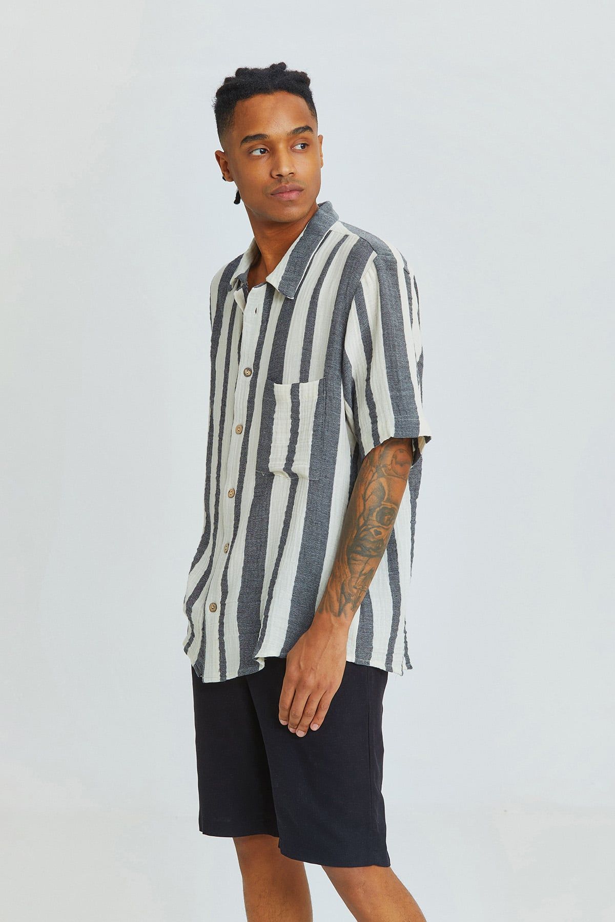 Black and White Striped Bohemian Men's Shirt with Coconut Buttons