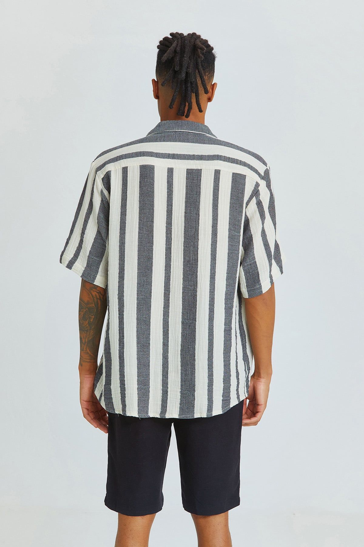Black and White Striped Bohemian Men's Shirt with Coconut Buttons