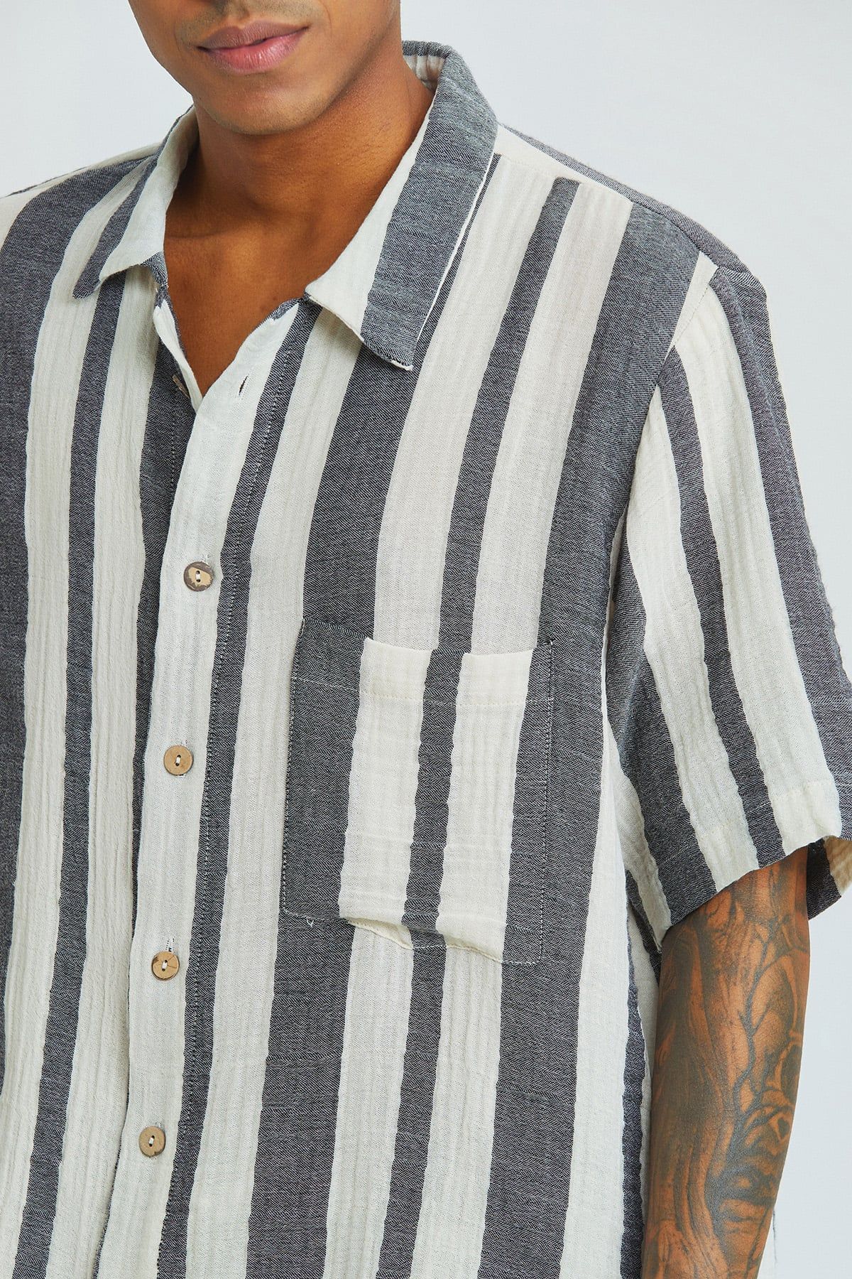 Black and White Striped Bohemian Men's Shirt with Coconut Buttons
