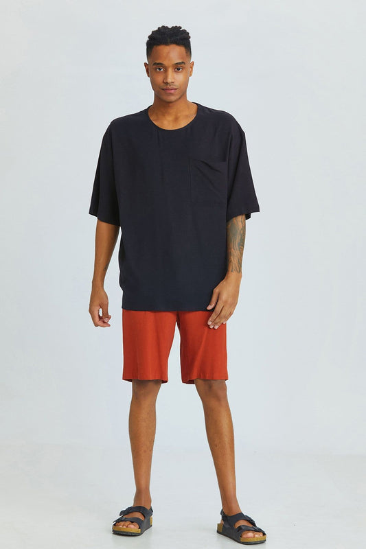Black Oversized Men's Shirt with Round Neck and Pocket